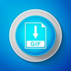 White GIF file document icon isolated on blue background. Download GIF button sign. Circle blue button with white line. Vector Illustration