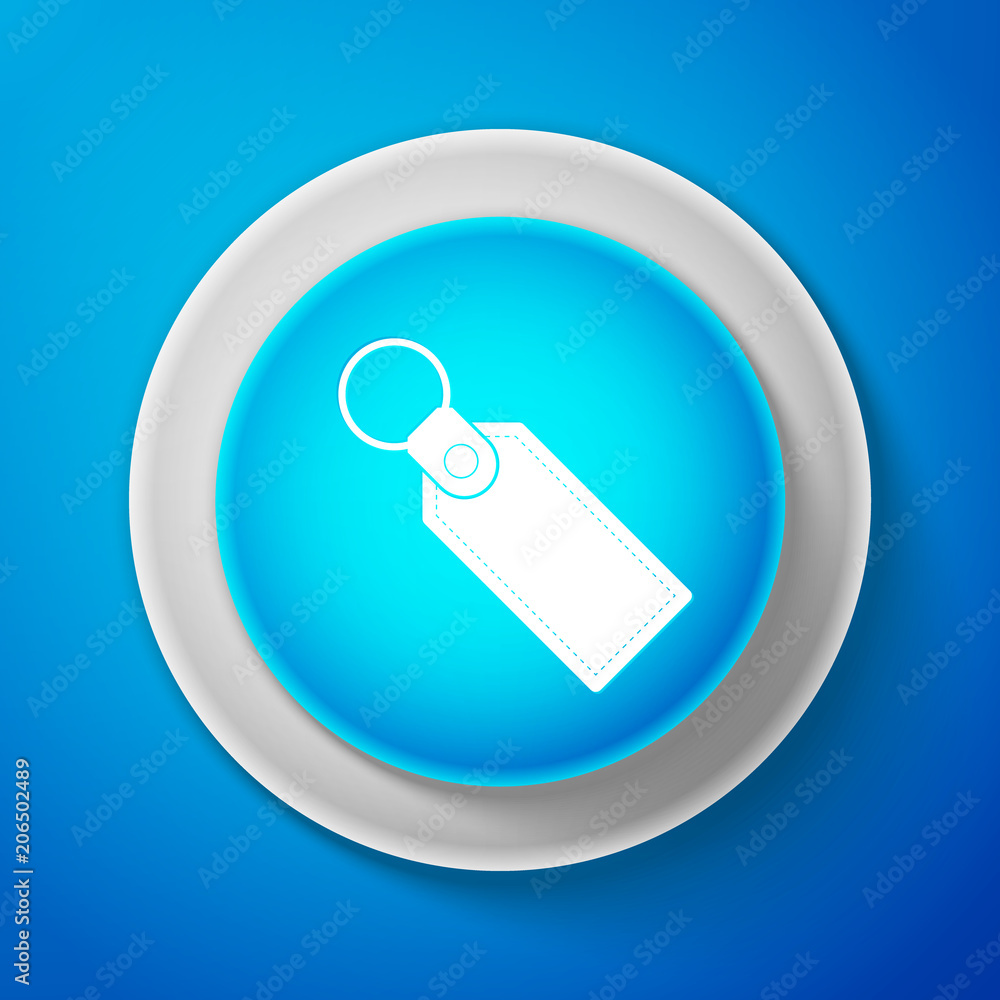 Poster white rectangular key chain with ring for key icon isolated on blue background. circle blue button w