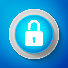 White Open padlock icon isolated on blue background. Lock symbol. Circle blue button with white line. Vector Illustration