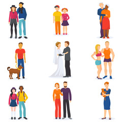 Fototapeta na wymiar Couple vector happy man and woman in love or young people together in relationship illustration set of coupled characters girl and boy embracing on date isolated on white background