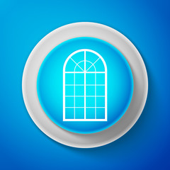 White Arched window icon isolated on blue background. Circle blue button with white line. Vector Illustration
