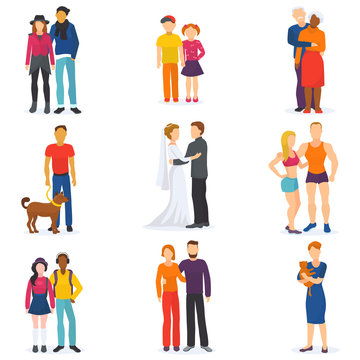 Couple vector happy man and woman in love or young people together in relationship illustration set of coupled characters girl and boy embracing on date isolated on white background