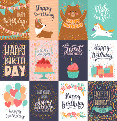 Happy birthday card vector anniversary greeting postcard with lettering and kids birth party invitation with cake or gifts illustration set of childs postal cards for typography