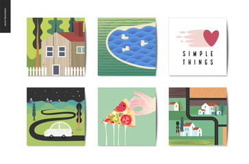 Simple things - cards - flat cartoon vector illustration of countryside house, lake with ducks, lettering, car, driveway, pizza slice, top view map, farm, fields, houses - summer postcards composition