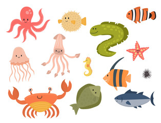 Zeedieren vector wezens tekens cartoon Oceaan dieren in het wild mariene onderwater aquarium leven water grafische aquatische tropische beesten illustratie.