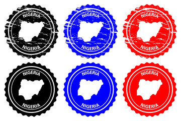Nigeria - rubber stamp - vector, Federal Republic of Nigeria map pattern - sticker - black, blue and red