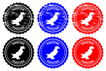 Obraz premium Pakistan - rubber stamp - vector, Islamic Republic of Pakistan map pattern - sticker - black, blue and red