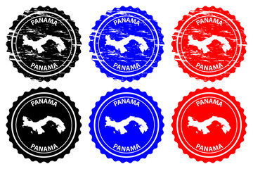 Fototapeta premium Panama - rubber stamp - vector, Republic of Panama map pattern - sticker - black, blue and red