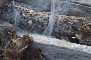 The fire pit starting to smoke and beginning to take flame and burn. 