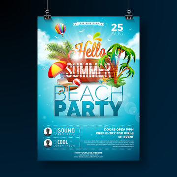 Vector Summer Beach Party Flyer Design with typographic elements on wood texture background. Summer nature floral elements, tropical plants, flower, beach ball and sunshade with blue cloudy sky