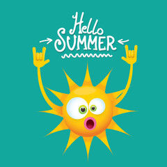 hello summer funky rock n roll vector label isolated on azure. summer party background with funky sun character design template. vector summer party poster