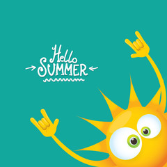 hello summer funky rock n roll vector label isolated on azure. summer party background with funky sun character design template. vector summer party poster