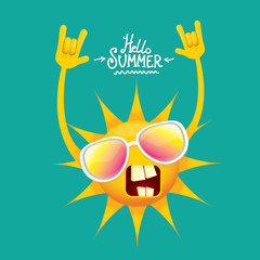 hello summer funky rock n roll vector label isolated on azure. summer party background with funky sun character design template. vector summer party poster