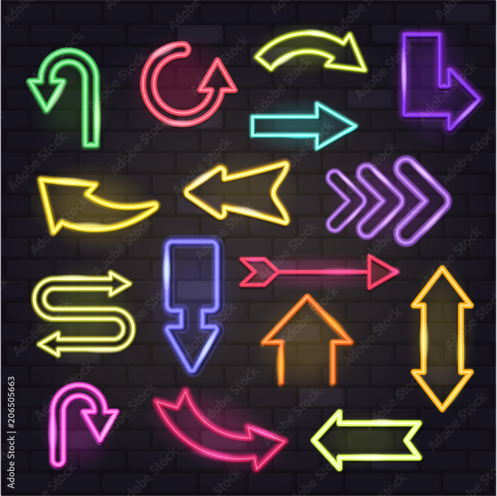 Poster neon arrow vector glowing arrows and illuminated arrowheads directions illustration set of cursed po