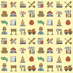 Construction vector linear universal elements and worker equipment flat industry tools seamless pattern background illustration.