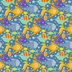 Aquarium ocean fish underwater bowl tropical aquatic animals water nature pet characters seamless pattern background vector illustration