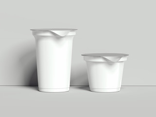 Yogurt containers isolated on grey background. Blank boxes dessert. 3d rendering