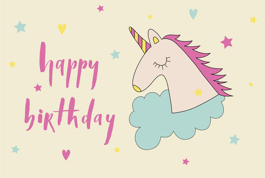 Happy birthday brush lettering card with cartoon cute unicorn ic