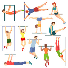 Athlete on horizontal bar vector illustration workout of athletic characters training on crossbar set of sportive people exercising with equipment isolated on white background
