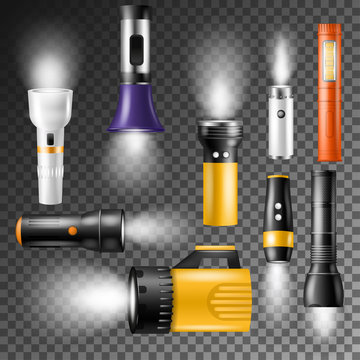 Flashlight vector flash-light lighting with spotlight or flash illustration set of lantern or flashing light lamp isolated on transparent background