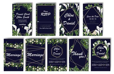 set of wedding invitations with Calla flowers and green leaves. rsvp is a modern art design. natural, Botanical, elegant vector illustration.