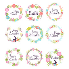 Obraz premium Happy easter hand drawn badge hand lettering greeting decoration natural wreath spring flower vector illustration