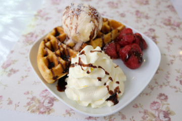 Fresh waffles with ice cream