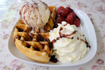 Fresh waffles with ice cream