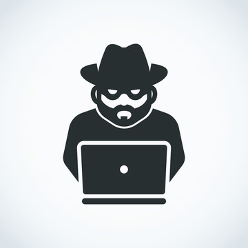Spy agent searching on laptop. Hacker. Robber icon. Bandit.
