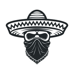 Mexican skull in sombrero. Bandit with hat and bandanna