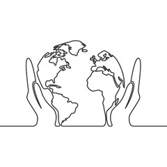 Vector image of a continuous line drawing of earth globe in human hands.
