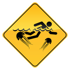 Warnschild mit Schwimmer und Quallen 