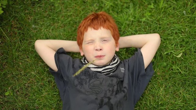 Young boy lying on grass in the park, slow motion. Enjoy nature.