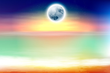 Colorful beach with full moon at night. EPS10 vector.