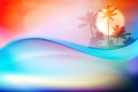 Blue water wave and island with palm trees in sunset time. EPS10 vector.
