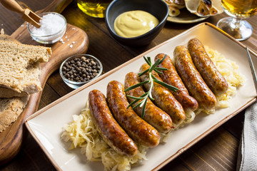 Juicy Grilled Sausages with Cabbage Salad, Mustard and Beer