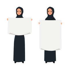 Cartoon Arab woman character with black hijab. Smiling girl in hijab presenting something with a poster. Young Moslem businesswoman wearing scarf holds a blank sheet of paper