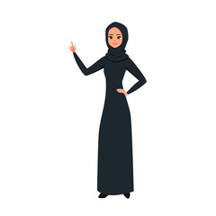 Cartoon Arab woman character with black hijab. Smiling girl in hijab presenting something with one hand. Young Moslem businesswoman wearing scarf pointing to the left. Vector illustration 