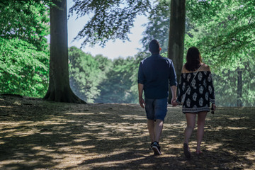 Obraz premium Back view of young couple walking in park in summer. Romantic photo from green park in nature - man and woman in love walking together.