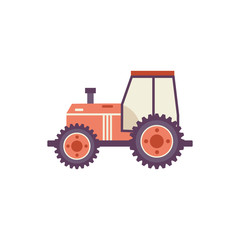 Obraz na płótnie Canvas Red agricultural tractor isolated on white background - farm transportation for work on fields in flat cartoon style. Vector illustration of village wheeled machine side view.