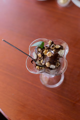 ice cream drizzled with chocolate and with nuts. ice cream in a vase. chocolate ice cream