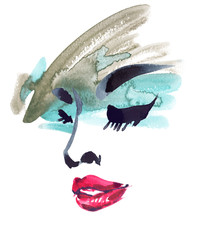 Fototapeta premium Abstract portrait of a woman with bright make up and open pink lips painted in watercolor on clean white background