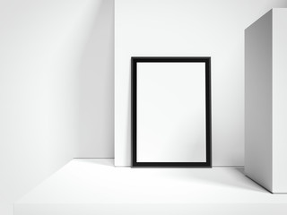 Blank bright indoor billboard with black frame next to white walls, 3d rendering