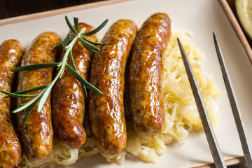 Traditional Grilled Sausages with Cabbage Salad, Mustard and Beer
