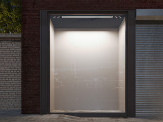 Blank shop window in the night street with light on the frame. 3d rendering