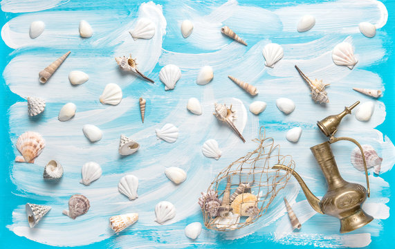 Nautical background fishing net sea shells vessel Maritime flat lay