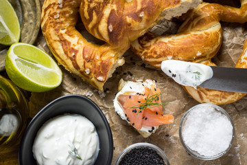 Finger Food Smoked Salmon Canape with Cream Cheese, Fresh Dill and Black Sesame