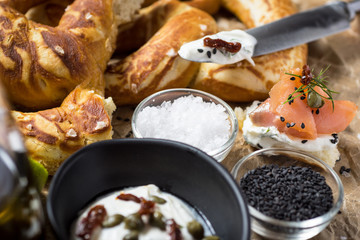 Finger Food Smoked Salmon Canape with Cream Cheese, Fresh Dill and Black Sesame