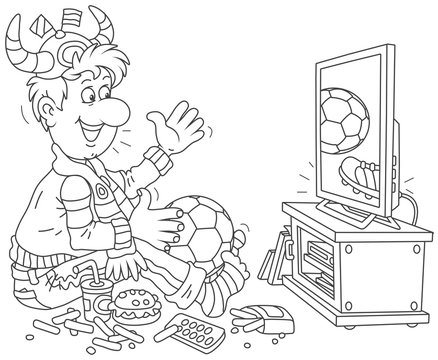 Soccer fan watching a football match on television, black and white vector illustration in a cartoon style