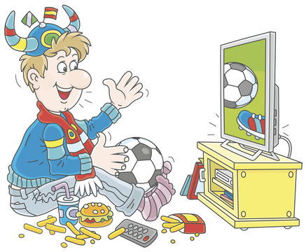 Soccer fan watching a football match on television, vector illustration in a cartoon style